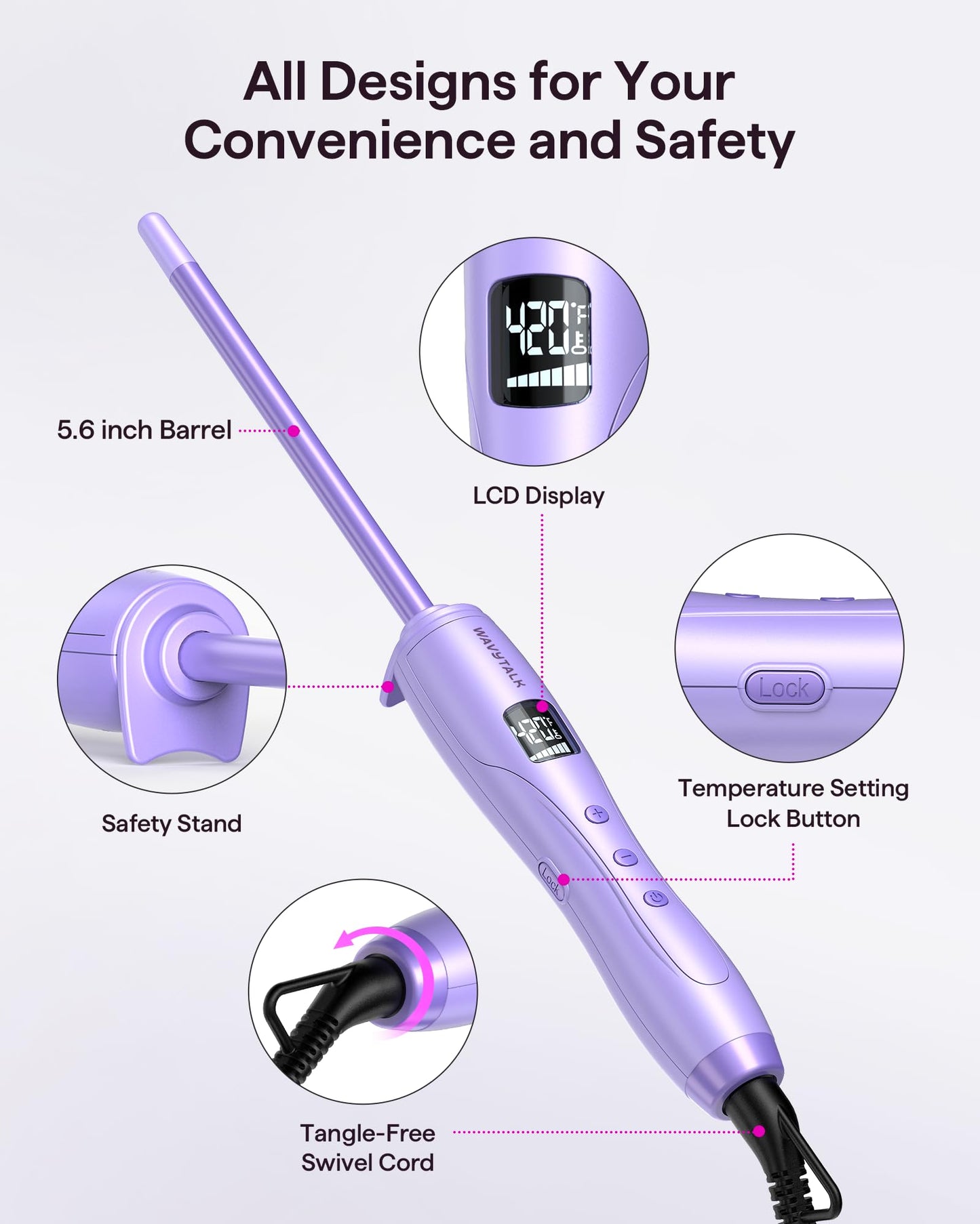 Wavytalk 3/8 Inch Small Curling Iron Wand for Short & Long Hair, Ceramic Barrel with Adjustable Temperature, Heat Resistant Glove Included (Rose Pink)