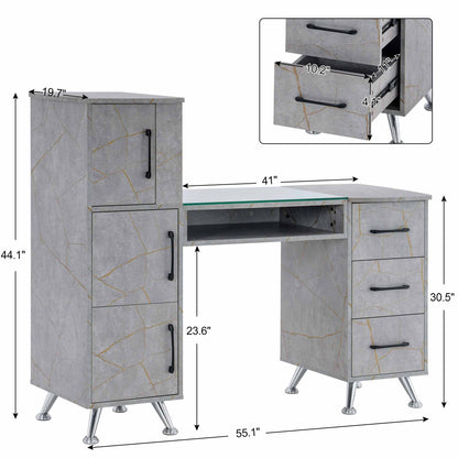 BarberPub Manicure Table, Nail Makeup Desk with Drawers, Storage Beauty Salon Workstation 2611 (Gold&Grey)