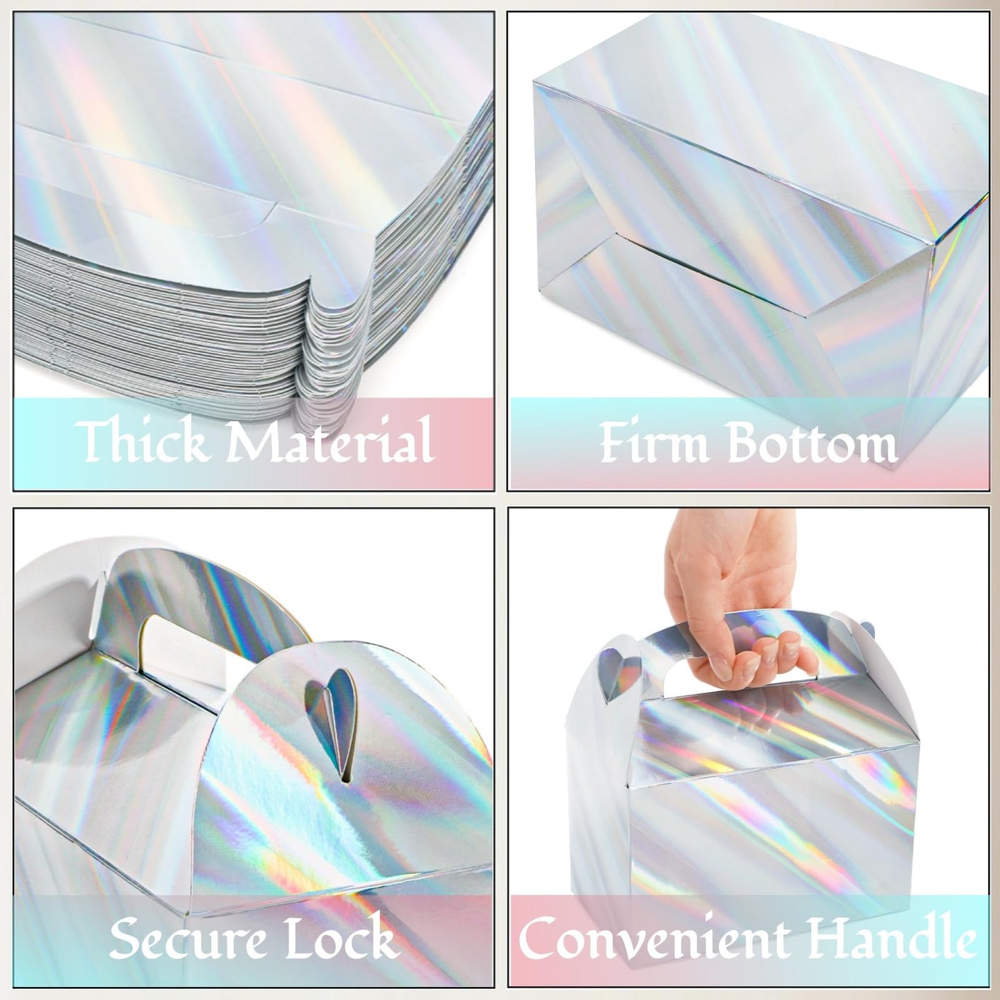 ZAVOOS 50 Pack Party Favor Boxes, 6.3 x 3.7 x 3.7 Inch Iridescent Candy Gable Boxes with Handle, Paper Goodie Gift Box Snack Cookies Containers bulk for Christmas, Wedding, Birthday
