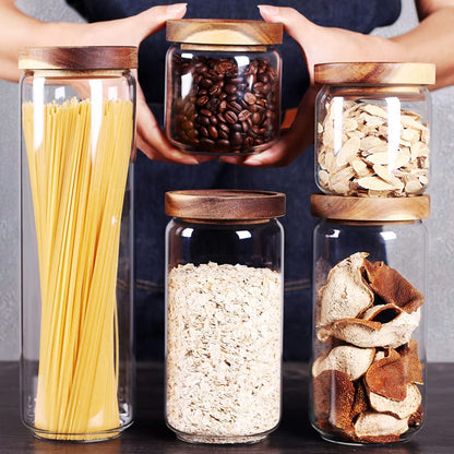 SAIOOL Kitchen Canisters Set of 6-8.5oz Glass Spice Jars With Acacia Airtight Lid and Labels Round Spice Bottles for kitchen Seasoning Baby Food Kids Snacks Meal Prep Containers Candle