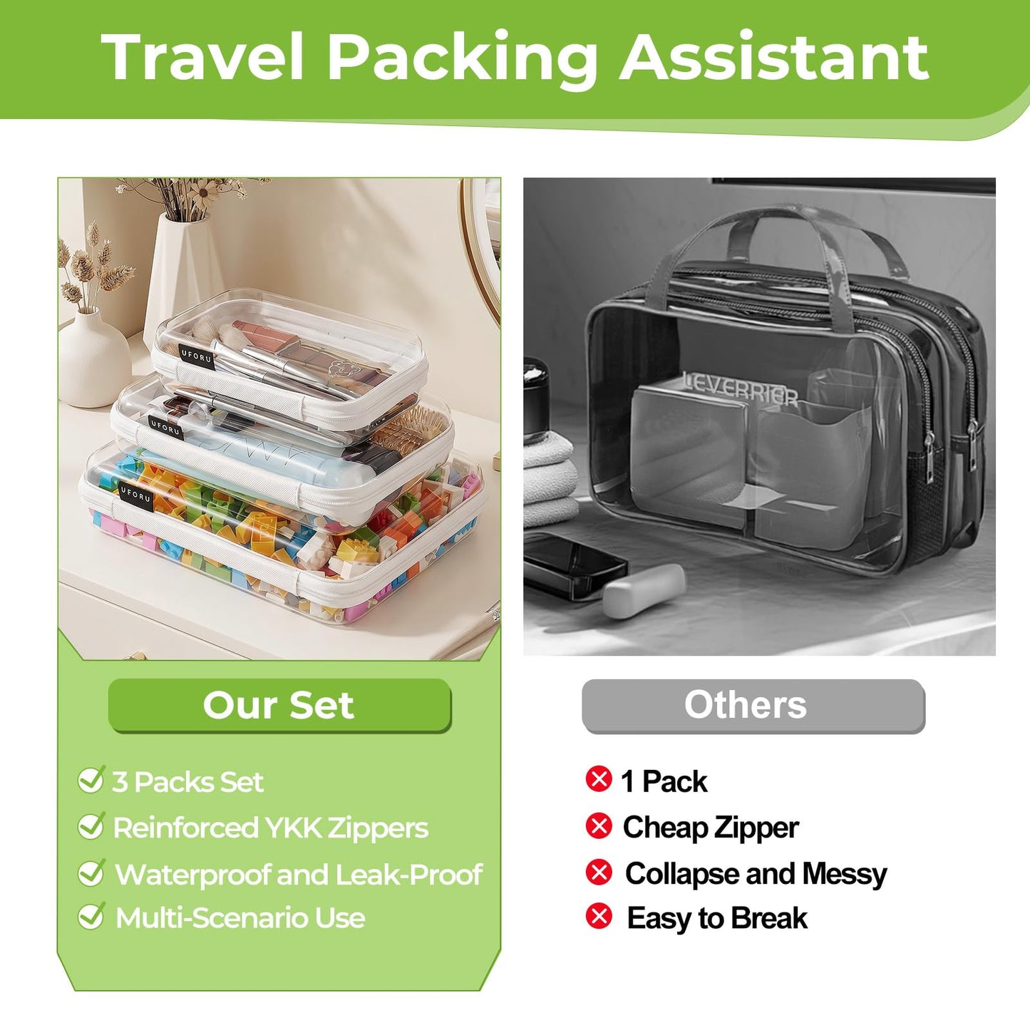 UFORU 3 Pack Clear Hard Shell Zipper Case, Heavy Duty Portable Clear Zipper Pouches, Travel Makeup Organizer & Toiletry Bag, Diaper Bag Organizer Pouches for Toys, Tech & Art Supplies, Medium
