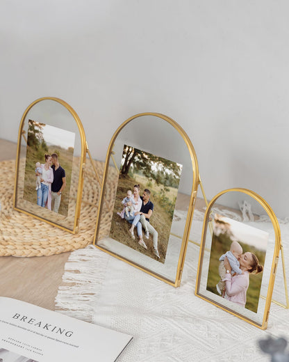 Jajamy Set of 3 Gold Floating Picture Frame, 4x6, 5x7, 6x8 Arched Glass Floating Frames, Vintage Brass Gold Picture Frame for Artwork Photos Tabletop Display