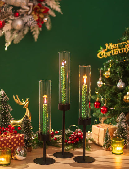 Romadedi Black Candlestick Holders Hurricane - Metal Taper Candle Holder Bulk Tall Windproof Glass Cylinder for Indoor Outdoor Table Centerpiece Christmas Halloween Modern Home Decor Set of 6