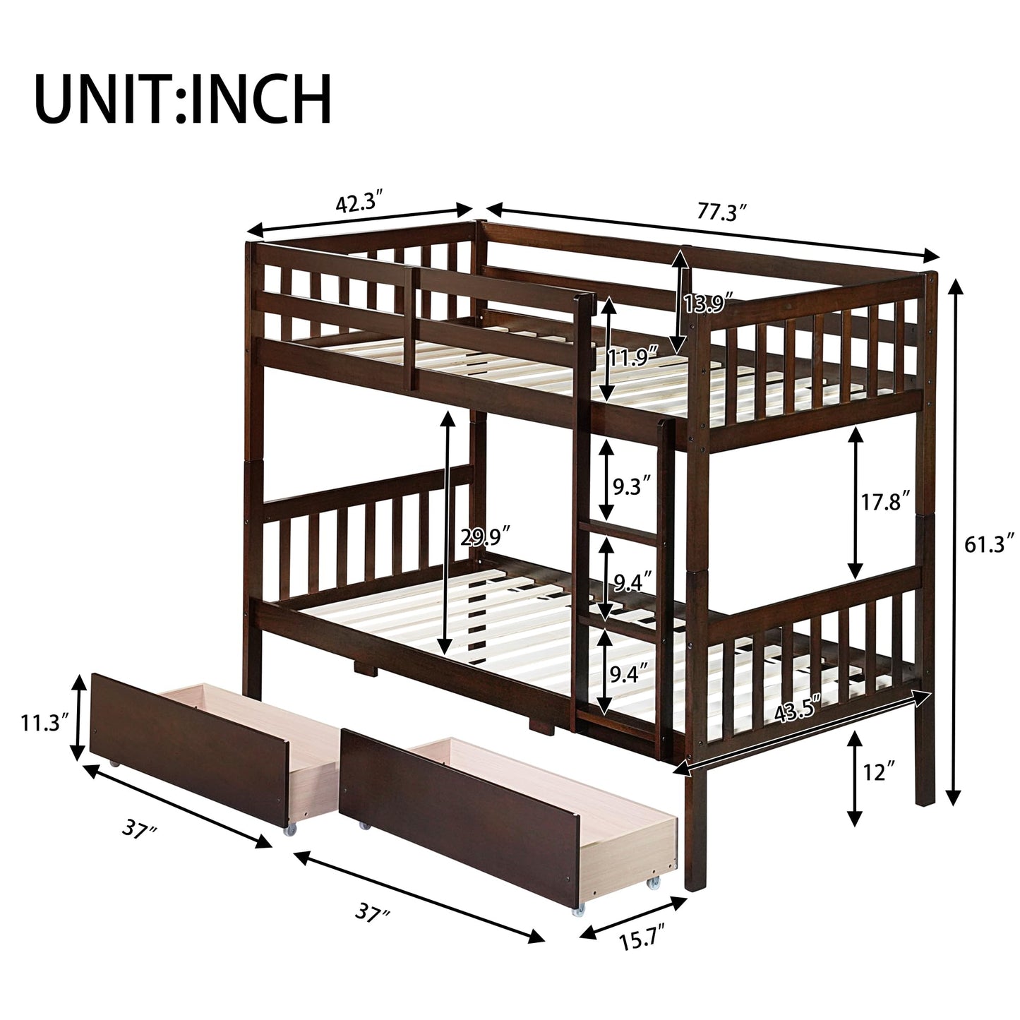 MERITLINE Wood Bunk Bed with Drawers, Convertible Bunk Bed with Ladders and Two Storage Drawers, Solid Wood Detachable Bedframe with Guardrails, Twin Over Twin, Espresso