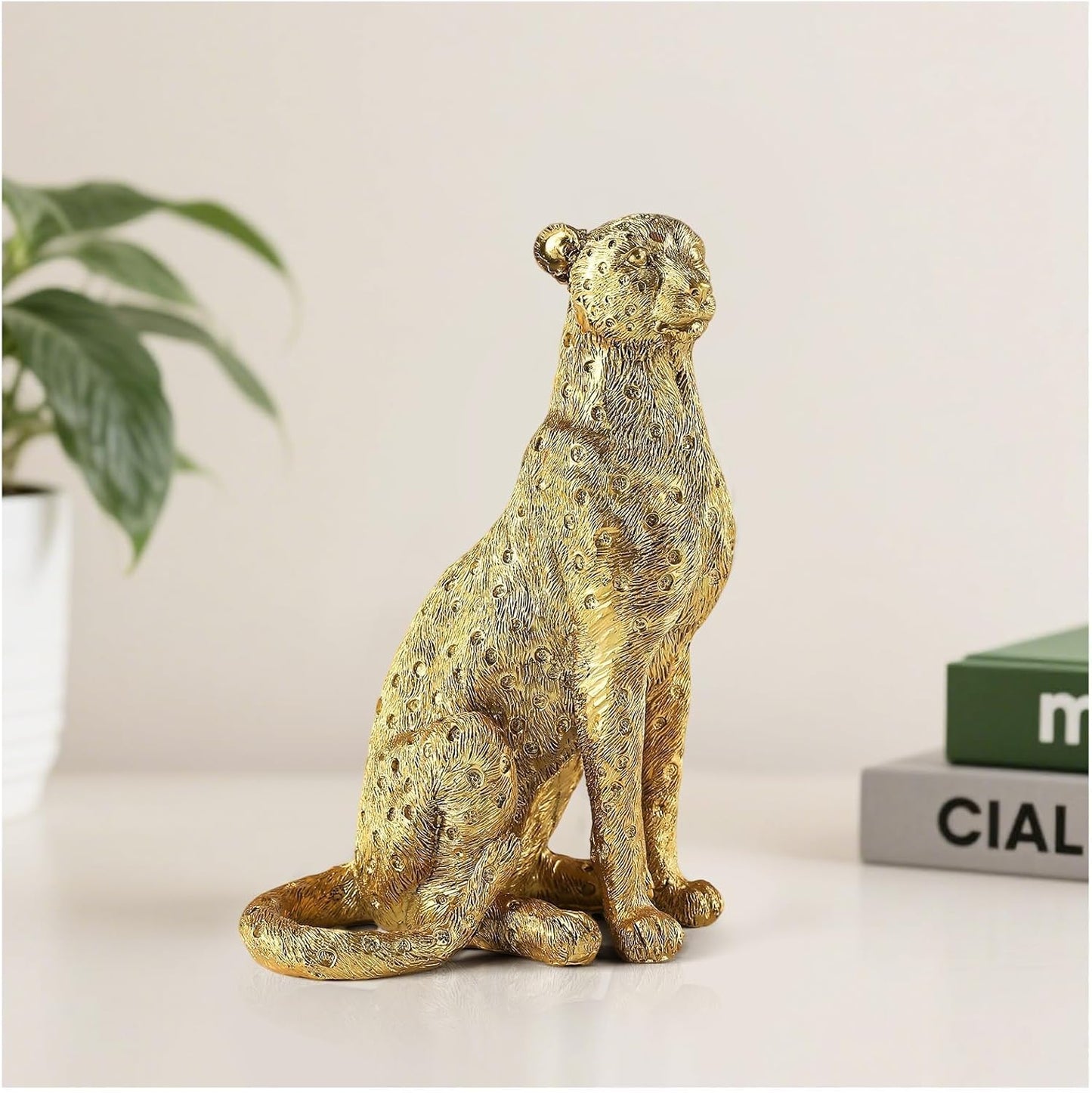 8" Cheetah Statue for Home Decor, Resin Sitting Leopard Sculpture, Gold Desktop Decoration for Living Room, Dining