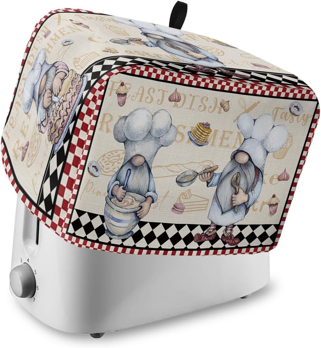 Kitchen Chef Gnomes Toaster Cover 2 Slice, Small Appliance Covers, Retro Red White Plaid Polyester Dust Protection