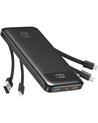 charmast 20000mAh Portable Charger with Built in Cables, 22.5W Travel Power Bank Fast Charging, USB C Cell Phone Battery Pack for iPhone 16/15/14/13/12/11 Series, iPad, Samsung, Android, Tablet
