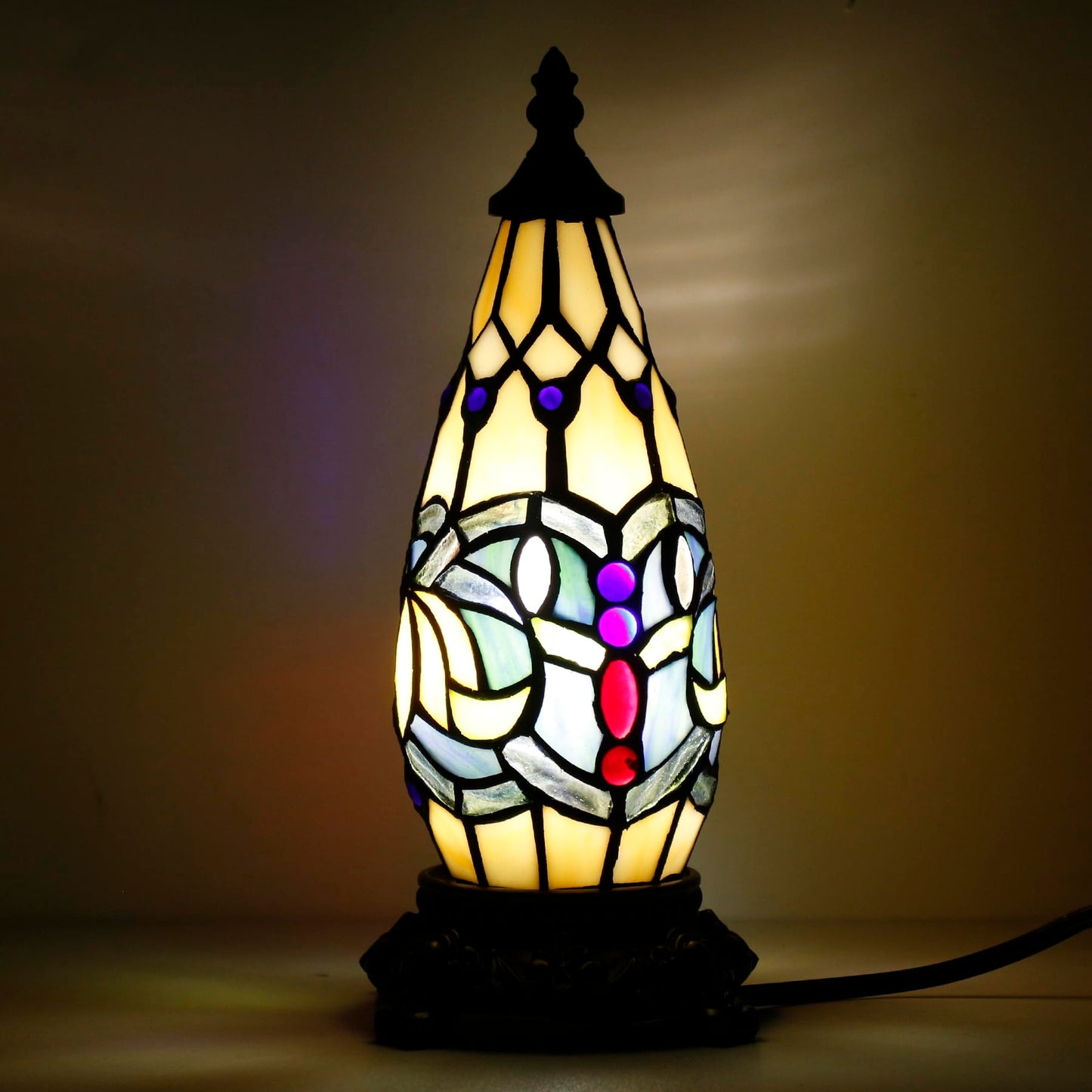 TCODTPOL Small Tiffany Lamp Stained Glass Table Lamp 5.5X11 Inch Christmas Tree Lighthouse Mini Accent Memory Sympathy Antique Night Light for Bedroom Living Room (Blue Lotus)