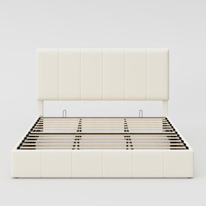 Allewie King Size Velvet Lift Up Storage Bed Frame, Vertical Channel Tufted Headboard, Hydrualic Underneath Storage, Upholstered Platform Bed, Wooden Slats Support, No Box Spring Needed, Cream