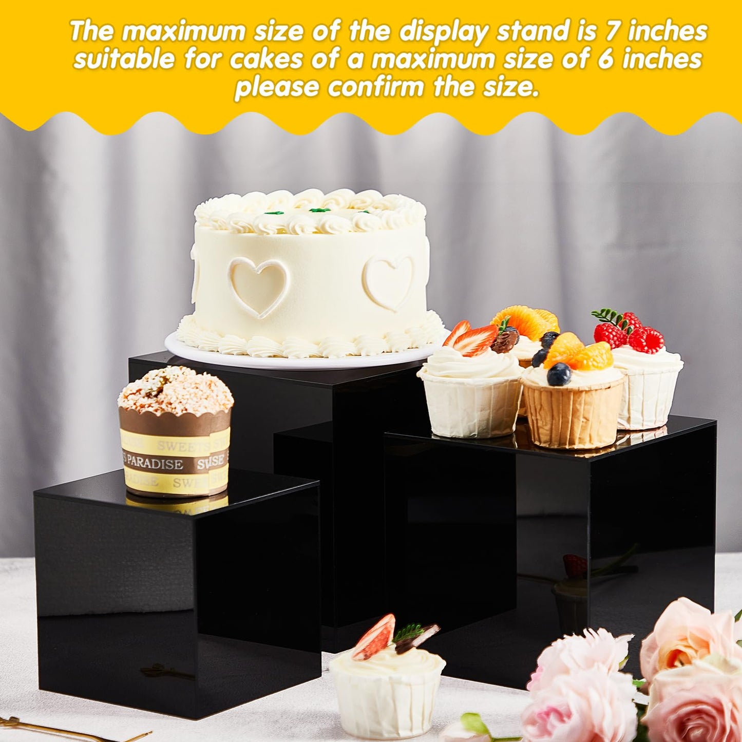 Geetery Set of 5 Display Buffet Risers Acrylic Cube with Hollow Bottoms Acrylic Boxes for Display Dessert Table Stands for Catering Collectibles Jewelry Decor(3,4,5,6,7 Inch,Black)