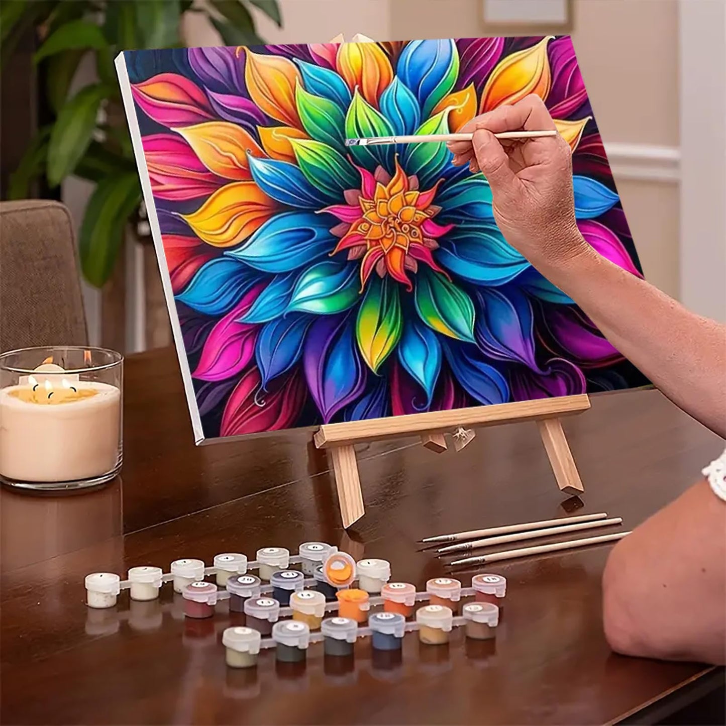 MaiMMaledy Paint by Numbers Kit for Adults Beginners Canvas Pictures with Framed Drawing Painting Acrylic Pigment with Wooden Triangle Easel Colorful Flowers 8Wx12L inch