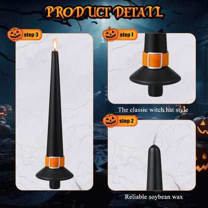Conelist 4 Pieces Halloween Witch Hat Candles Halloween Black Taper Flickering Candles for Party Decoration Dinner Party Holiday Decor
