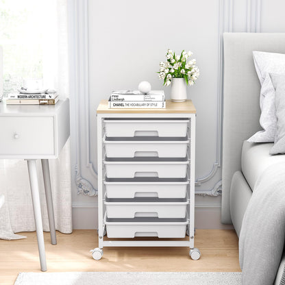 SYKIARIOL Rolling Cart with Drawers,Utility Cart with 6 Drawers,Rolling Storage Cart with Drawers and Wooden Tabletop & Lockable Wheel,White