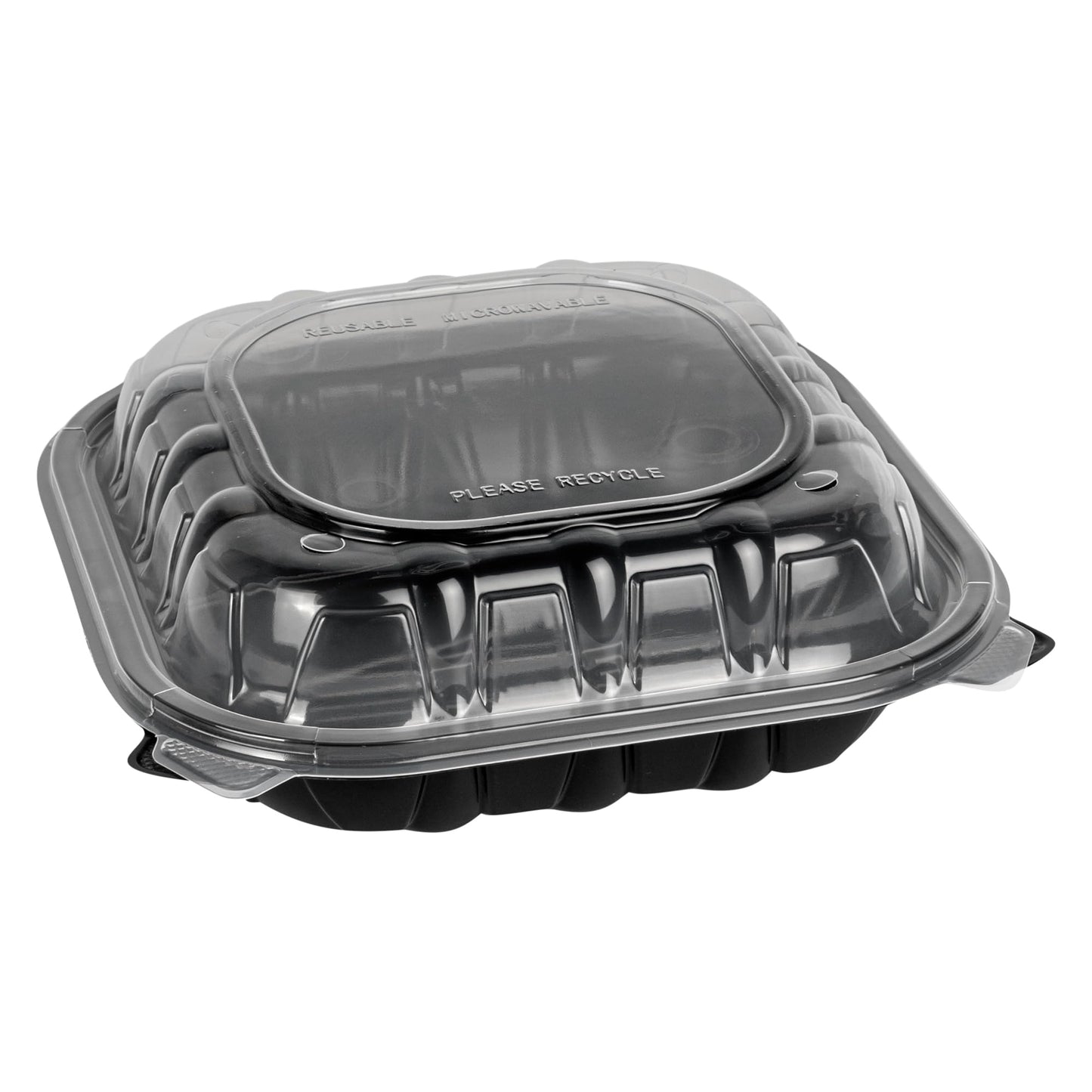 Thermo Tek 40 Ounce Clamshell Containers, 100 Disposable Take Out Boxes - 3 Compartments, Ventilated Lids, Black Plastic Meal Prep Containers, Microwavable, For Pasta Or Salads - Restaurantware