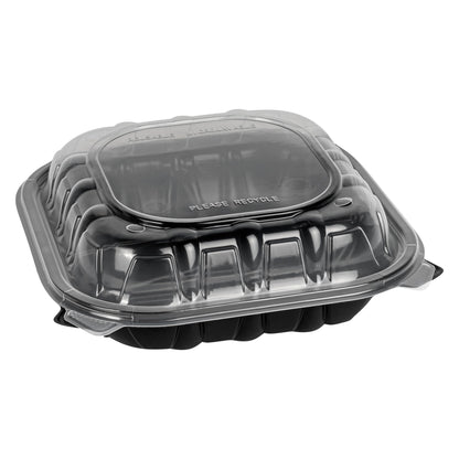 Thermo Tek 40 Ounce Clamshell Containers, 100 Disposable Take Out Boxes - 3 Compartments, Ventilated Lids, Black Plastic Meal Prep Containers, Microwavable, For Pasta Or Salads - Restaurantware