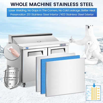 kalifon 48" W 2 Door Refrigerator Sandwich Salad Prep Table Commercial Stainless Steel Fan Cooling Refrigerator with Cutting Board, 2 Shelves & 18 Pans for Restaurant, Bar, Shop-12.9 Cu.ft