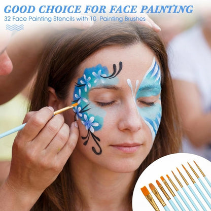Thenshop 42 Pcs Face Paint Stencils Kits Includes 28 Reusable Facial Painting Stencils with 4 Stickers 10 Painting Brushes Plastic Tattoo Templates for Kids Halloween Party Makeup(Classic Style)