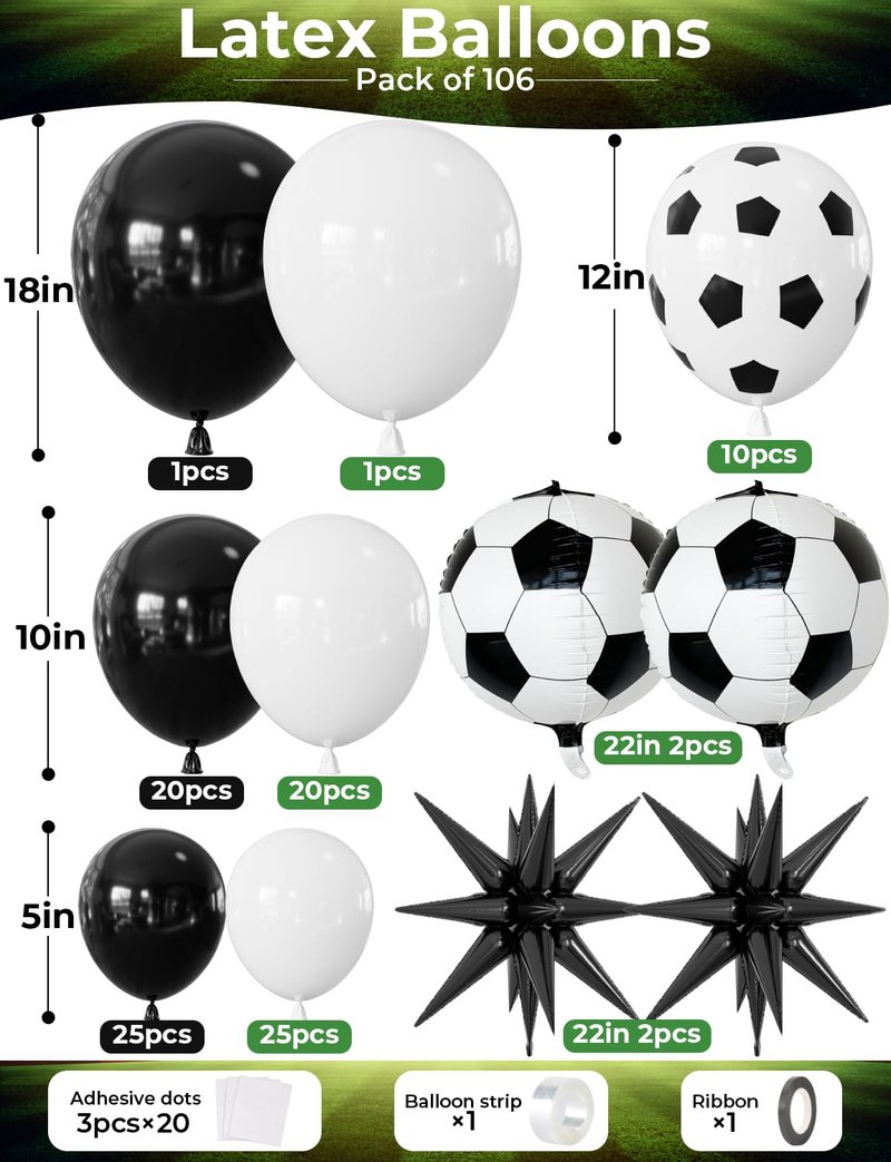 Soccer Balloon Garland Arch Kit - Black and White Football Print Balloons Arch Kit with Foil Football Exploding Star Balloon for Sports Fan, Birthday Party, Baby Shower, Soccer Theme Party Decor
