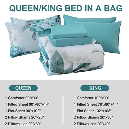 Dobuyly Floral Comforter Set Queen Size 7 Piece Bed in a Bag, Aqua Flowers Printed on Light Blue Comforter Set with Sheets, Soft Polyester Botanical Complete Bedding Set for All Season