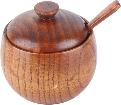 AYNEFY Solid Wood Spice Jar, Sugar Salt Pepper Storage Bowl with Spoon and Lid for Home Restaurant Food Shop