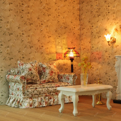 iLAND Dollhouse Furniture of Miniature Couch with Coffee Table the Beautiful Doll House Furniture Set fit 1/12 scale accessories, Elegant Rose and Birds Customized Fabric and Amazing Pleated Handiwork