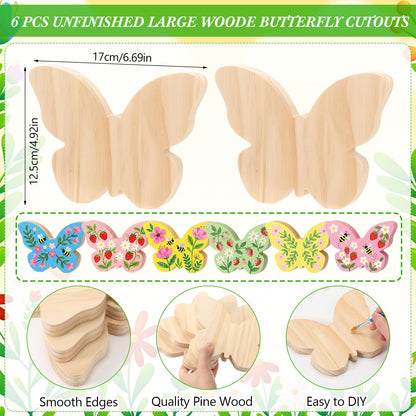 Novabright 6 Pcs Large Wooden Butterfly Block Unfinished Butterfly Shaped Signs Wood Blocks to Paint Blank Wood Table Centerpieces for Spring Home Decor Classroom DIY Art Craft Party Supplies