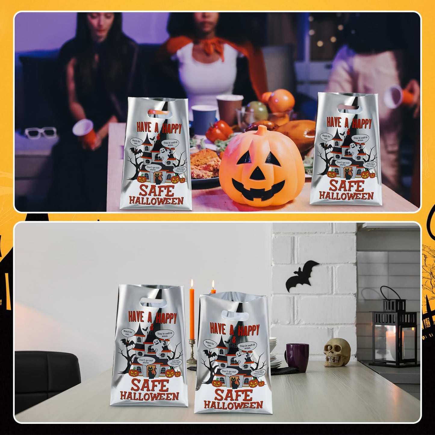 Hosuly 100 Pcs Halloween Reflective Goodie Bags Bulk Have a Safe&happy Halloween Plastic Gift Bags Safety Tips Treat with Handles for Trick or Treat Theme Party Favors