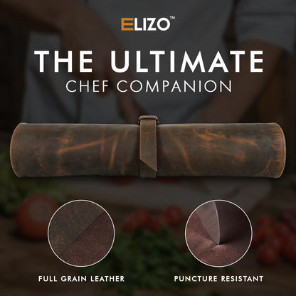 ELIZO Leather Knife Roll Chef Knife Bag Professional Chef Knifes Roll Bag Travel Storage Carrying Case Wrap Holder Sheath Kitchen Carrier Protectors Sleeve Tool Chefs Gift Grizzly