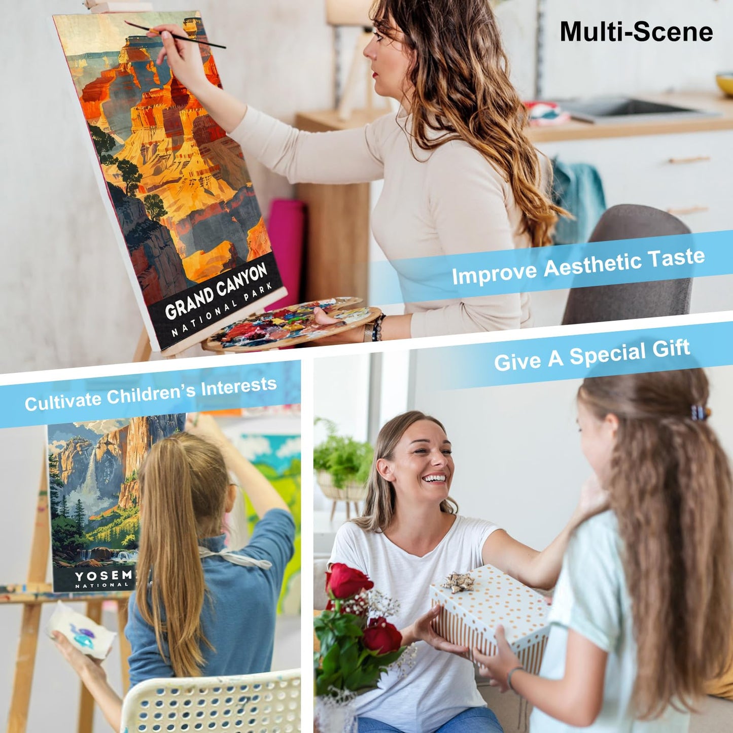 4 Pack Framed Paint by Numbers Kit for Adults with Wooden Easel, National Parks Easy Paint by Numbers with Frame for Beginners, Adult Paint by Number Kits Framed Canvas for Home Decor Gift 8x12 Inch