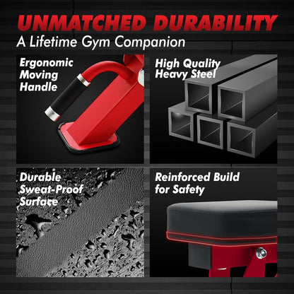 RITFIT Adjustable Weight Bench with Multiple Back Positions for Full Body Workouts, Incline, Decline, and Flat Settings for Home Gym Strength Training, 1300LB Capacity (Red,with 2x5lb rubber dumbbells)