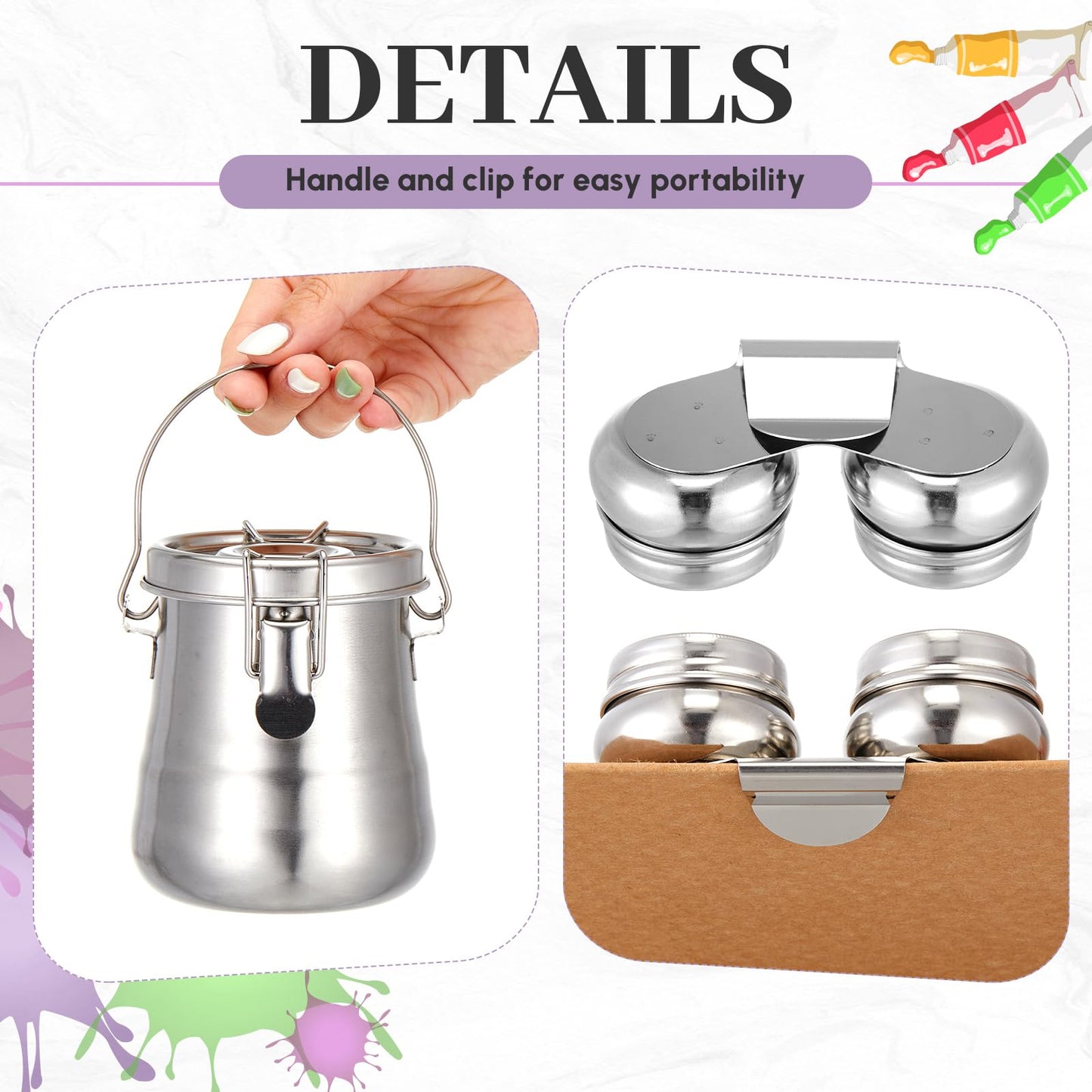 Skybooly 2 Pcs Paint Brush Cleaner Set Stainless Steel Double Dipper Palette Cup Paint Brush Portable Washer Holder for Oil Cleaner Kits(Drum Shape,Medium)