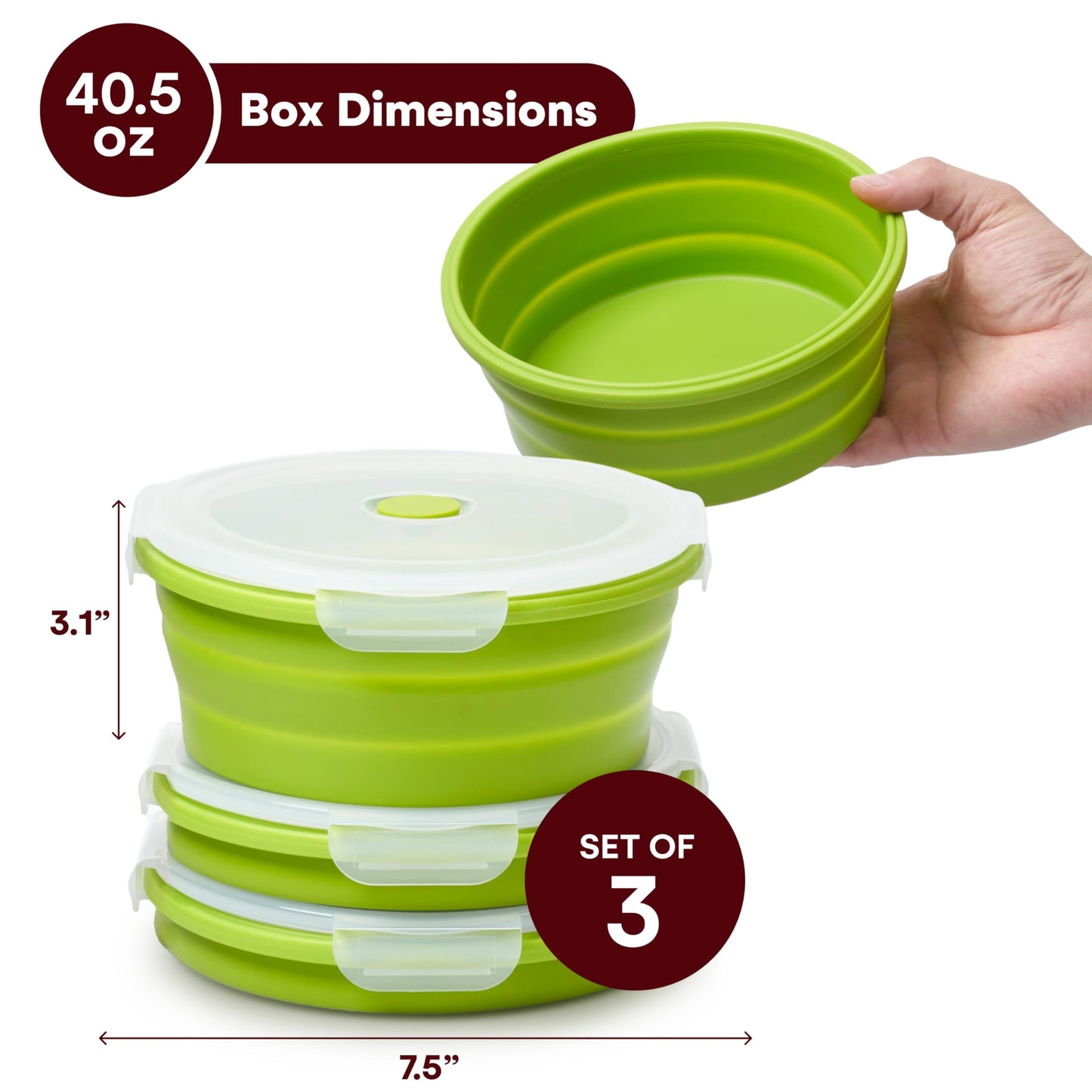 Vdomus Collapsible Food Storage Containers - Leak Proof, Microwave Safe - 40.5oz/1.2L Airtight Silicone Food Containers - Meal Prep Collapsible Bowls with Lids - Set of 3 - Green