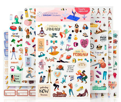 Oriday Health & Wellness, Workout - Newly Updated, Set of 410+ Stickers, 7 Sheets for Seasonal Fitness - Journaling, Scrapbooking, Planning, Habit Tracker for Monthly, Weekly & Daily Planner, Calendar