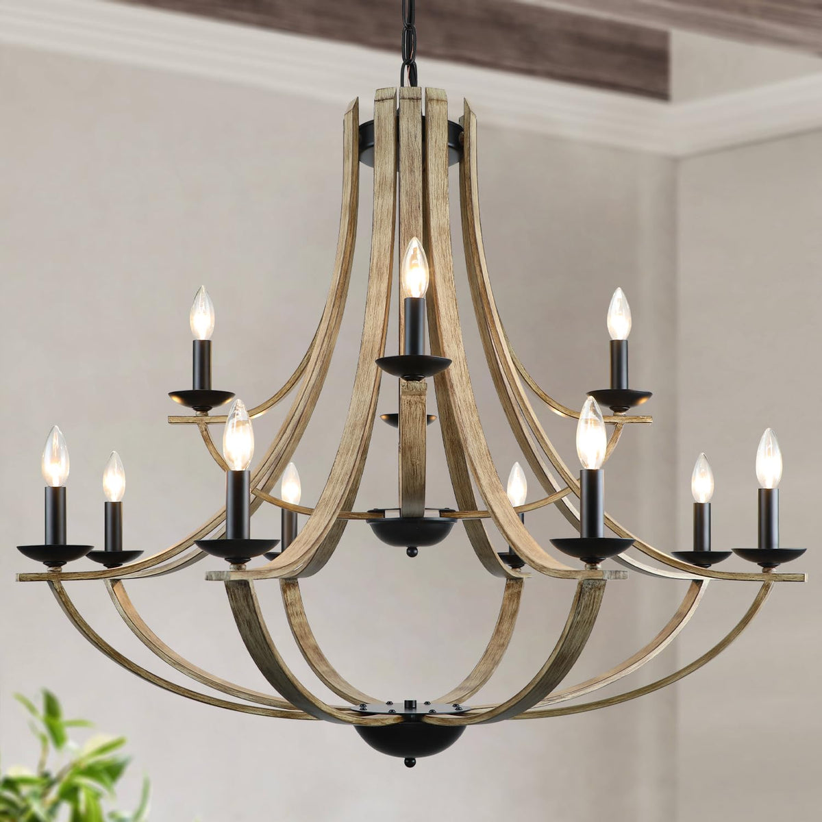 LAMPKEDUO Farmhouse Chandeliers for Dining Room Light Fixture, 2 Tier 12-Light 41" Adjustable Height Retro Faux Wood Texture Rustic Light Fixtures for Living Room Bedroom Kitchen Island Foyer Entryway