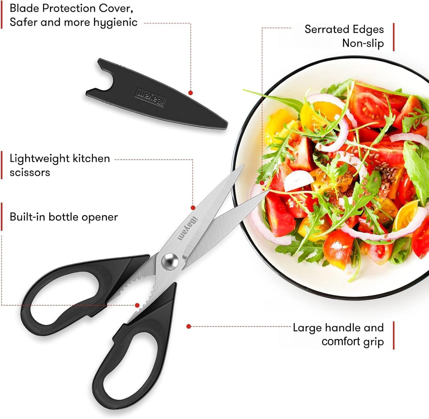 iBayam 1-Pack Kitchen Scissors, All Purpose Kitchen Shears 8.5" with Sheath, Black Kitchen Accessories