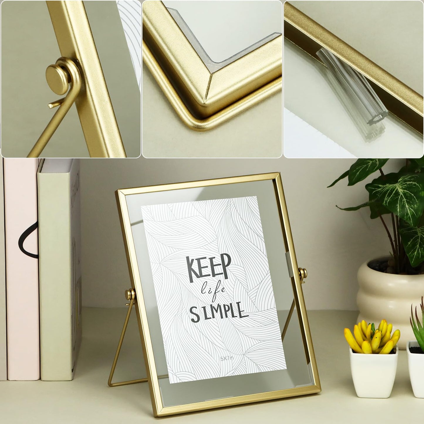 QWORK Gold Floating Picture Fram, Set of 3 Glass Double Panel Metal Frame, Includes 5x7, 4x6, 4x4, Tabletop Display for Postcards Photos Artworks