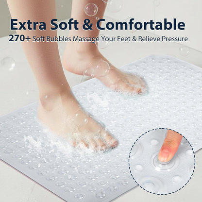 21.5x33.5 Inch Large Shower Mat Clear, Soft Non Slip Shower Mats for Inside Shower with Big Suction Cups Drain Holes