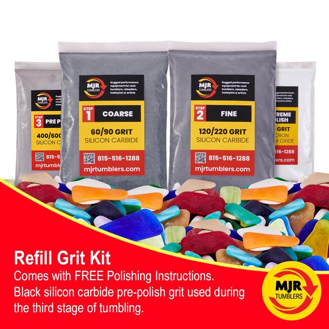 MJR Tumblers Rock Tumbler Grit Kit Refill for 15lb Tumblers, 4 Step Silicon Carbide & 12,000 Grit Aluminum Oxide Polish, Stone Polishing Kit for Rotary & Vibratory Rock Tumblers