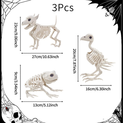 HRONG 3PCS Animal Skeleton Figurines, Plastic Skeletons Dog Crow Frog Ornaments, Halloween Skeleton Decorations for Home Office Desk, Spooky Party Favors & Gifts for Men Women