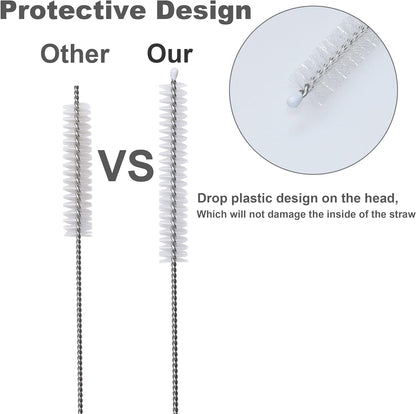 Straw Cleaner Brush Set of 10, Extra Long Nylon Bristles and Stainless Steel Handle for Cleaning Glass, Silicone, Metal