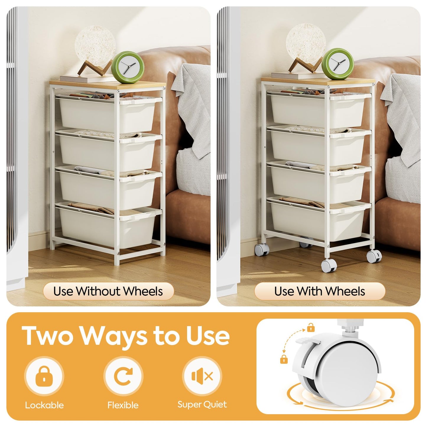 Rolling Storage Cart with 4 Drawers, Craft Organizer, Wooden Tabletop Utility Cart for Bedroom, Children's Room and Office Organization, Table Side Trolley with Lockable Wheels, White