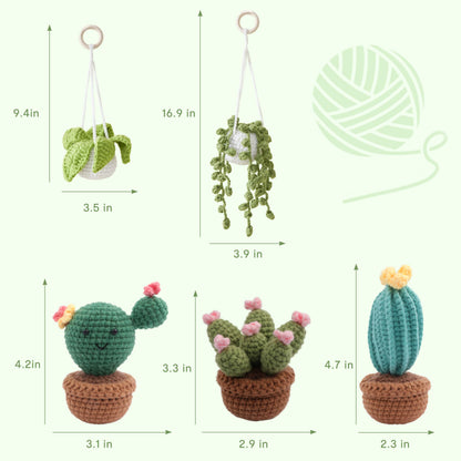 HOUSE CREATIVITY Crochet Kit for Beginners, Make 5 Hanging Potted Crochet Plants, Amigurumi Kit with Video Tutorial, Yarn, Hook & Pots, Cozy Stress Relief Gift for Adults, Cute Desk & Office Decor