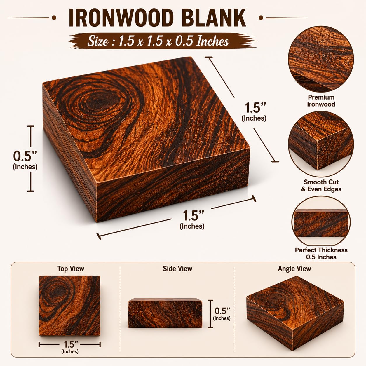 IECAP LLC Desert Ironwood Ring Blanks – Pack of 10 Exotic Hardwood for Ring Making, Resin Jewelry, Wood Rings, Inlays, Knife Handle Spacers & DIY Crafts – Iron wood Turning Blocks (1.5 x 1.5 x 0.5 in)