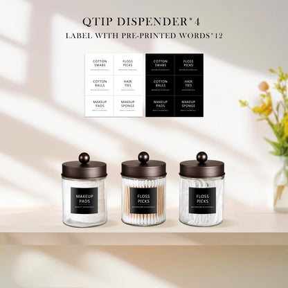 SheeChung Qtip Dispenser Holder 4pcs, Glass Apothecary Jars with Bronze Stainless Steel Lids &Stickers, Countertop Canister Guest Bathroom Storage Organizer Set for Cotton Swabs/Balls, Floss Picks