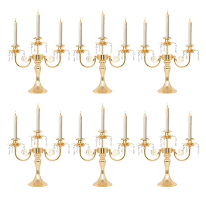 KEHAIL Metal 3 Arm Gold Candelabra with Crystal Pendants - 11.8 Inch Tall Candle Holders, Set of 6 - Elegant Taper Candlestick Stand for Wedding, Dining Table, Party Home Decoration
