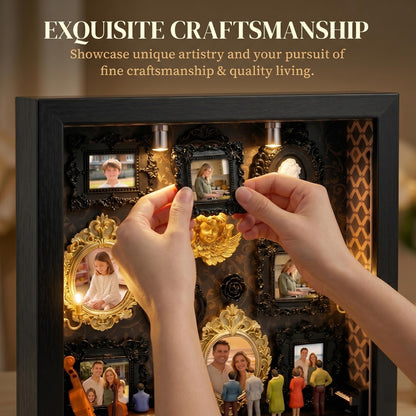 YXESO DIY Mini Museum Silhouette Box for Mother's Day, Shadow Box Frame with Gold Mini Picture Frames & People Figurines for Anniversary, Home Decor