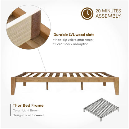 AllForWood Thor Premium Solid Wood Bed Frame King, Japanese Joinery Bed Frame with Wood Slat Support, Platform Bed, No Box Spring Needed, Easy Assembly, Minimalist & Modern Style (Light Brown)