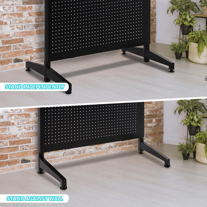 3'x 6' Black Pegboard Panels Display Stand with T-Base, Metal Peg Board Organizer Panels Display Rack With Wheel, Craft Fair Display Rack, Art Display Stand, Retail Display, Extra 20 pieces Hooks