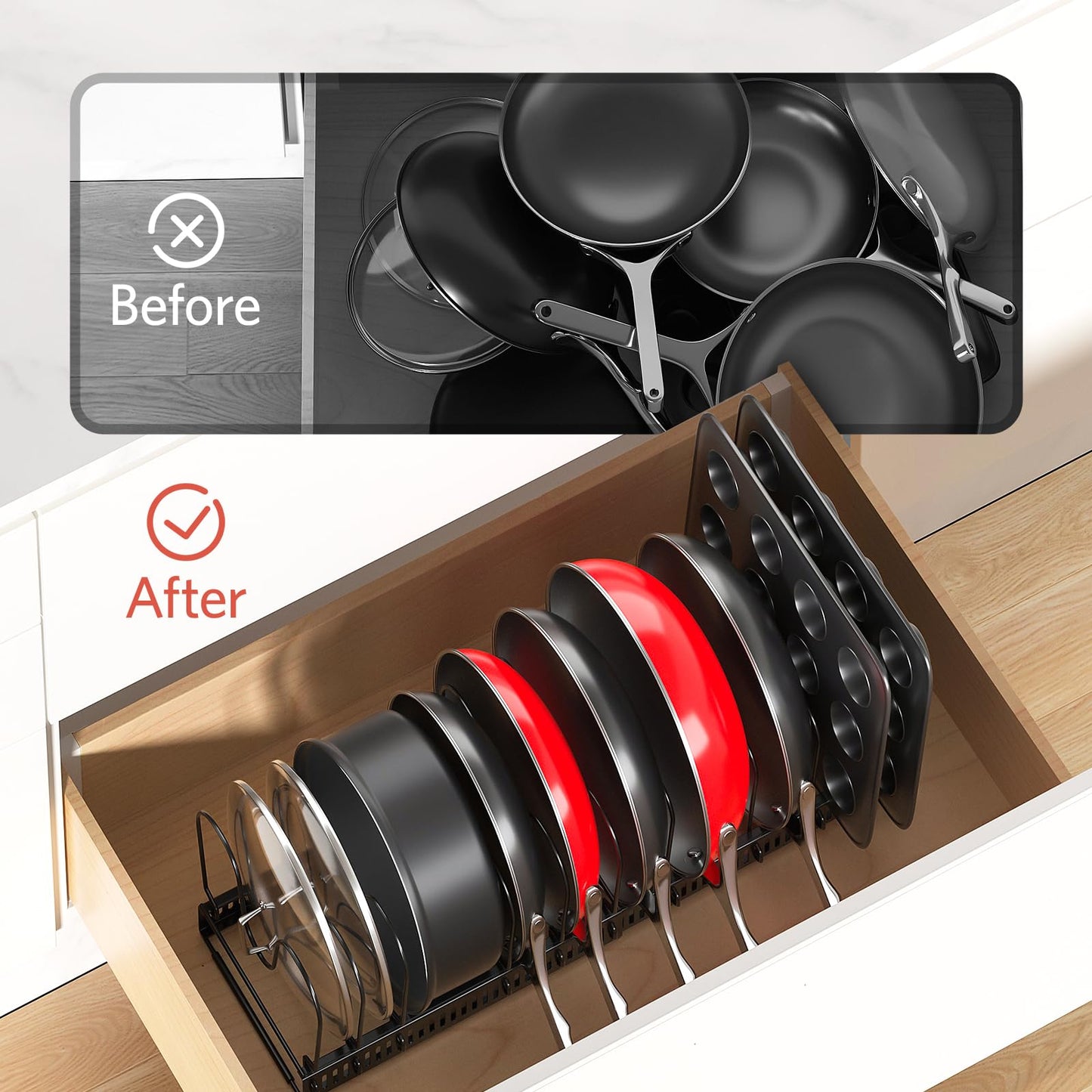 ORDORA Pots and Pans Organizer under Cabinet, Expandable 11.8"-22.8" Pot Lid Holder with 12 Adjustable Dividers, Pan Organizers inside Cabinet for Kitchen Cookware Bakeware, Black