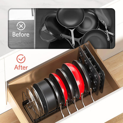 ORDORA Pots and Pans Organizer under Cabinet, Expandable 11.8"-22.8" Pot Lid Holder with 12 Adjustable Dividers, Pan Organizers inside Cabinet for Kitchen Cookware Bakeware, Black